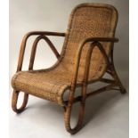 RATTAN ARMCHAIRS, a pair, pattern woven rattan with scrolling arms, 61cm W.