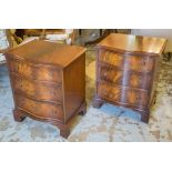 SERPENTINE BEDSIDE CHESTS, a pair, Georgian style mahogany with three drawers, 67cm H x 53cm x 31cm.