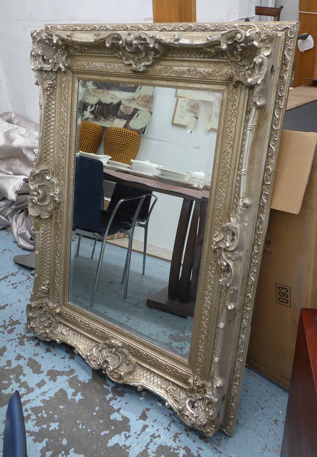 MIRROR, Continental style, silvered finish, 130cm H x 99cm W.