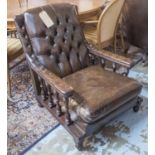 LOW LIBRARY CHAIR, with buttoned back in brown leather, 75cm x 92cm H x 87cm.