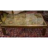 LOW TABLE, brass bound mahogany with old world map top under glass, 37cm H x 133cm x 91cm.