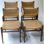 DINING CHAIRS, a set of four teak G-Plan design with paper cord back and seats.