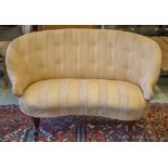 CANAPE, Napoleon III mahogany of kidney form in striped cream fabric on castors, 136cm W.