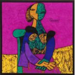 PABLO PICASSO 'Seated Woman on Purple Background', textile, with signature in the plate,