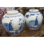 CHINESE GINGER JARS, a pair, lidded, blue and white painted figural detail, 27cm H.