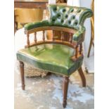 DESK CHAIR, mahogany in close nailed and buttoned green leather, 62cm W.