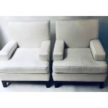 ARMCHAIRS, a pair, white fabric upholstered with square back and arms, 83cm W.