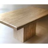 CENTRE/DINING TABLE, rectangular Travertine with rectangular pedestal and plinth base,