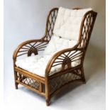 RATTAN ARMCHAIR, vintage 1930's inspired bent and woven rattan with cushion pads, 67cm W.