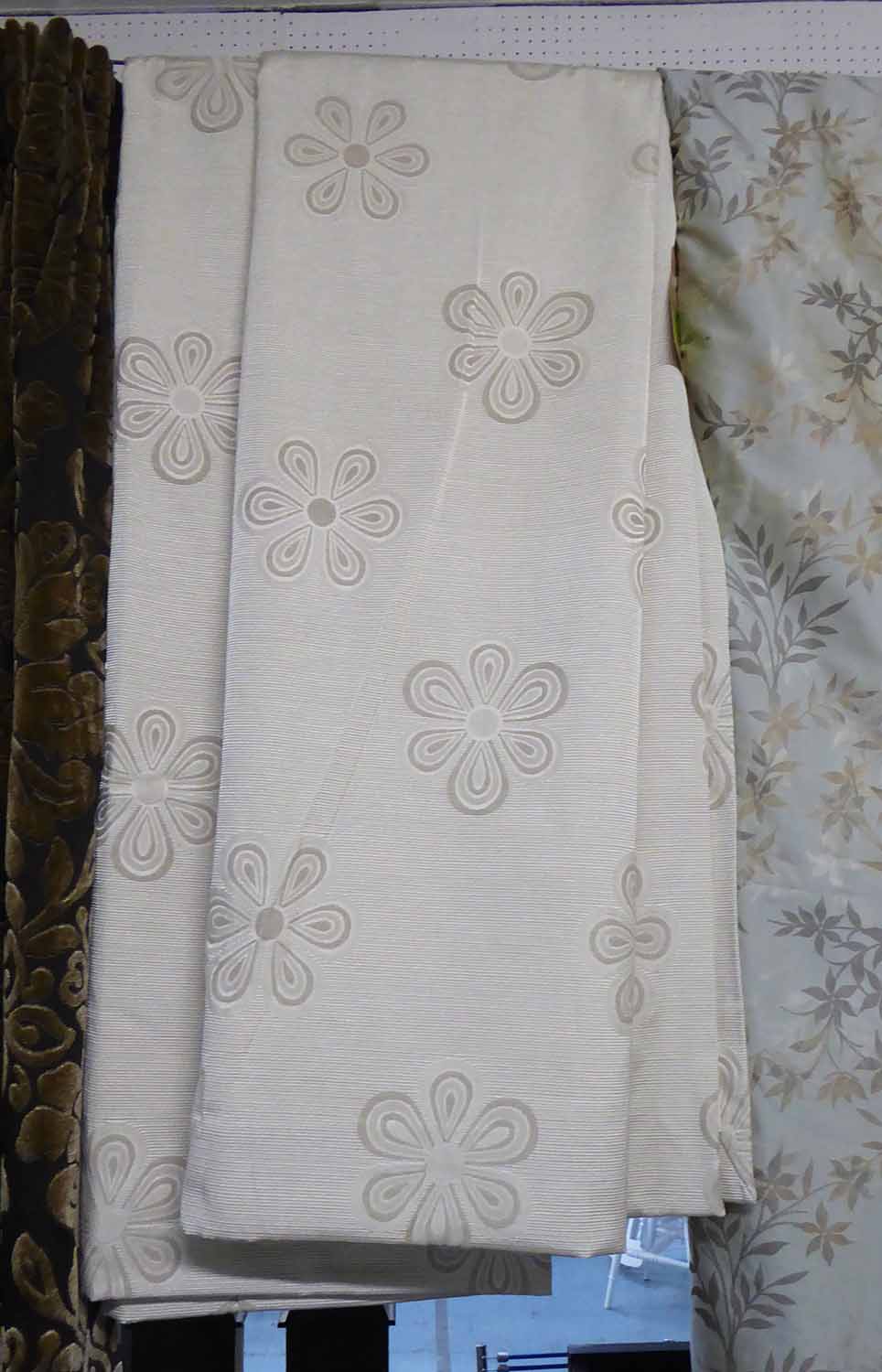 CURTAINS, a pair, floral patterned design, lined, with eyelet holes at top,