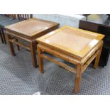 CHINESE SIDE TABLES, a pair, elm with rattan tops and carved bases, 62cm x 62cm x 56cm H.