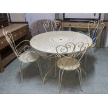 CIRCULAR GARDEN TABLE, cream painted metal 120cm diam and four chairs.