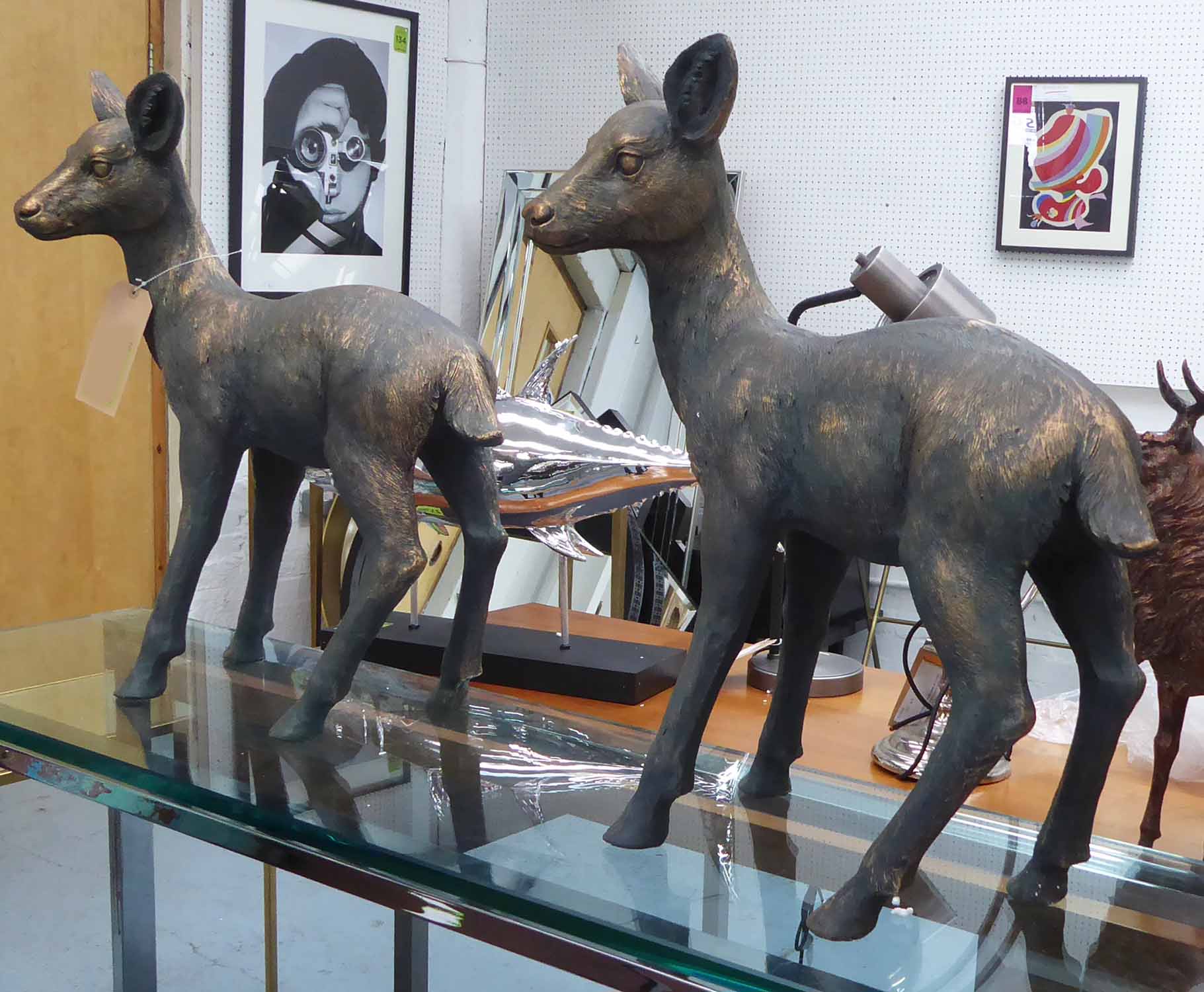 STUDY OF TWO FAWNS, stylised faux bronze finish, 63cm H.