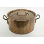 JAM KETTLE, circa 1900, beaten copper with lid and brass handles, 21cm H x 43cm.