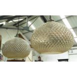 CEILING PENDANTS, a pair, contemporary faceted glass shades, 86cm drop approx.