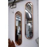 WALL MIRRORS, a pair, 1960's Italian style coppered finish frames, 130cm x 28.5cm.