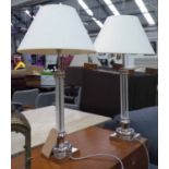 TABLE LAMPS, a pair, contemporary column design, with shades, 79cm H.