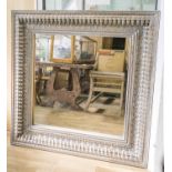 WALL MIRROR, Indian grey painted with square carved pendant frame, 130cm D.