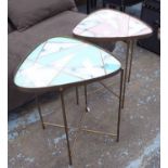 SIDE TABLES, 1960's Italian style, two different colour tops, 65cm H.
