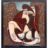 PABLO PICASSO 'Seated Woman', signed in the plate, silk scarf, 85cm x 80cm, framed and glazed.
