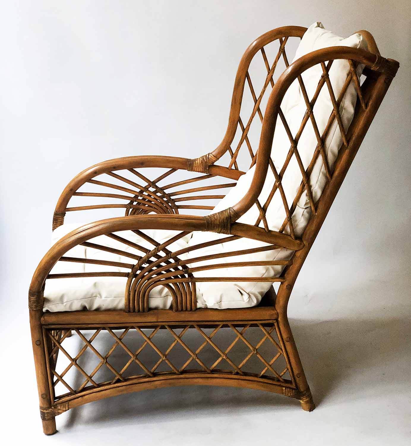 RATTAN ARMCHAIR, vintage 1930's inspired bent and woven rattan with cushion pads, 67cm W. - Image 2 of 3