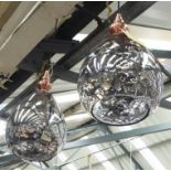 CEILING PENDANTS, a pair, contemporary, glass shades, coppered finish mounts, 102cm drop approx.