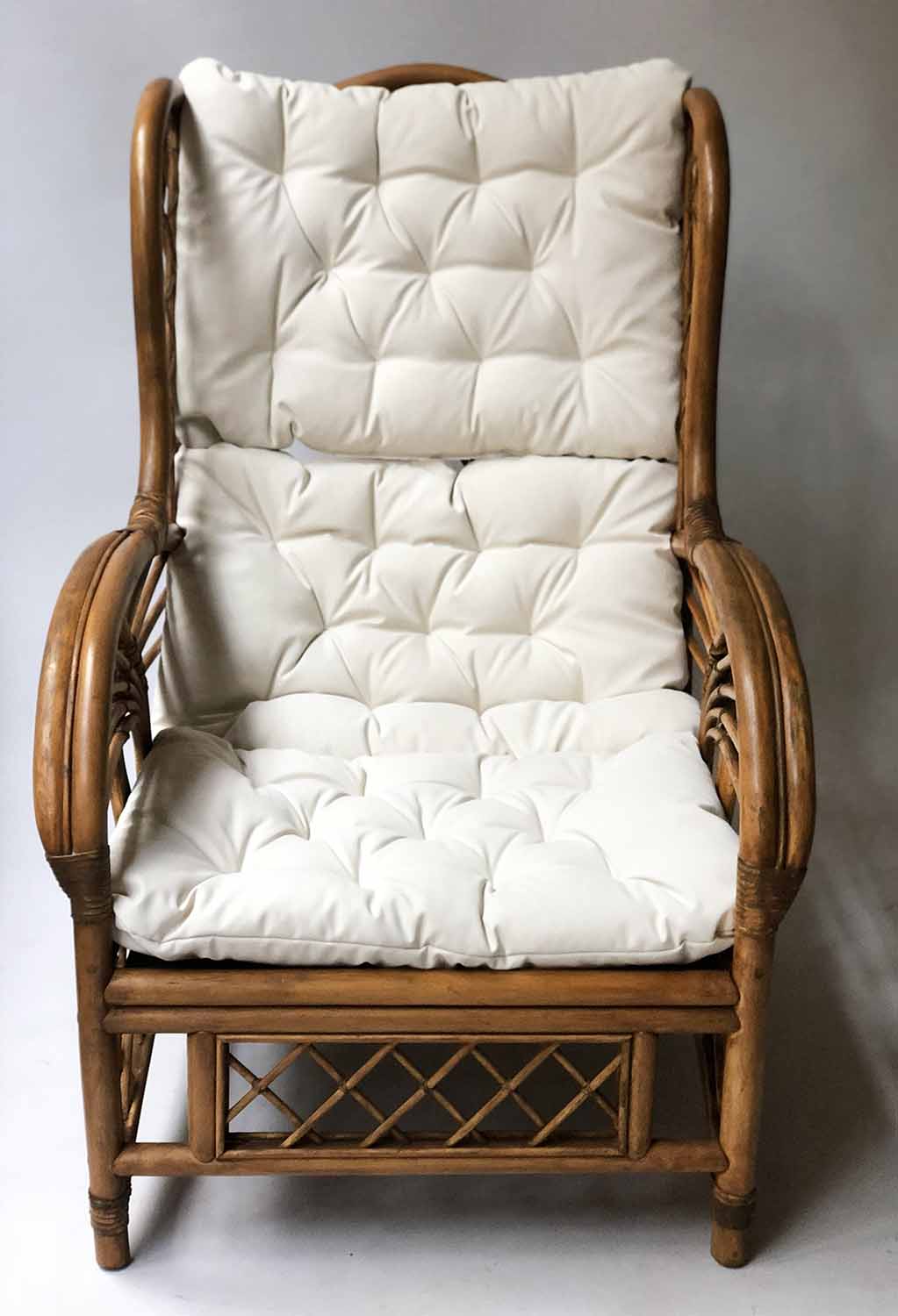 RATTAN ARMCHAIR, vintage 1930's inspired bent and woven rattan with cushion pads, 67cm W. - Image 3 of 3