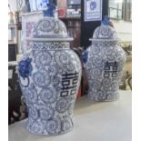 TEMPLE JARS, a pair, Chinese export style, blue and white ceramic, 60cm H.