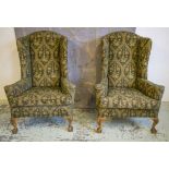 WING ARMCHAIRS, a pair, Georgian style beechwood with cushion seats in patterned green chenille,