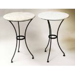 LAMP TABLES, a pair, Art Deco design, each with circular variegated white marble, on wrought iron,