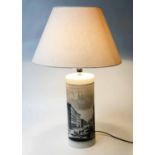 FORNASETTI STYLE LAMP, cylindrical ceramic black and white architectural Roman scene, 73cm H.