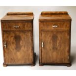 ART DECO BEDSIDE CABINETS, a pair, figured walnut, each with frieze drawer and panelled door,