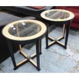 SIDE TABLES, a pair, contemporary, ebonised, with burr wood detail, tempered glass tops, 62.