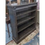 OPEN BOOKCASE, late Victorian ebonised oak with three shelves, 106cm x 122cm.