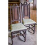 SIDE CHAIRS, a pair, early 18th century oak with green stuffover seats.