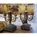 CANDLESTICKS, a pair, green marble with gilt metal detail, each with two sconces, 26cm H.