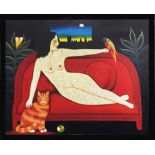 20th CENTURY SYMBOLIST SCHOOL 'Reclining Nude in London', oil on canvas, 98cm x 78cm, framed.