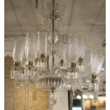 CHANDELIER, of substantial proportions, sixteen branch cut crystal with cut glass hurricane shades,