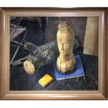 TOM WHITE 'Carved Head with Log, n°2', oil on board, signed, 50cm x 60cm, framed.