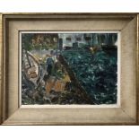 NEWLYN SCHOOL 'Harbour Scene with Figures, oil on canvas, 29cm x 39cm, framed.