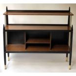 ROCKET BOOKCASE, 1960's, ebonised and gilt metal mounted, with three shelves and bar supports,