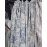 CURTAINS, a pair, blue toile, lined and interlined,