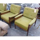 ARMCHAIRS, a pair, vintage 1970's Danish teak and green buttoned back upholstered,