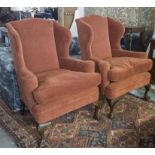 WING ARMCHAIRS, a pair, Georgian style beechwood with cushion seats in terracotta chenille, 67cm W.