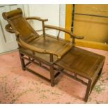 RECLINING ARMCHAIR, 19th century Chinese padoukwood with revolving headrest and pullout footrest,