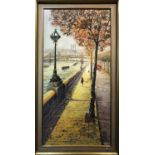 ALVARO RODRIGUE (Mid 20th century) 'Chelsea Embankment', oil on canvas, signed, 80cm x 40cm, framed.