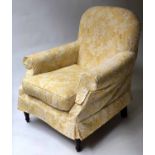 ARMCHAIR, 19th century style with rounded back, scroll arms and yellow foliate loose covers, 80cm W.