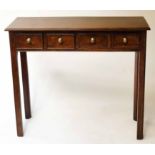 HALL TABLE, George III style burr walnut of shallow proportions with four short frieze drawers,