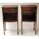 LAMP TABLES, a pair, George III style mahogany and boxwood strung bow fronted with slide,