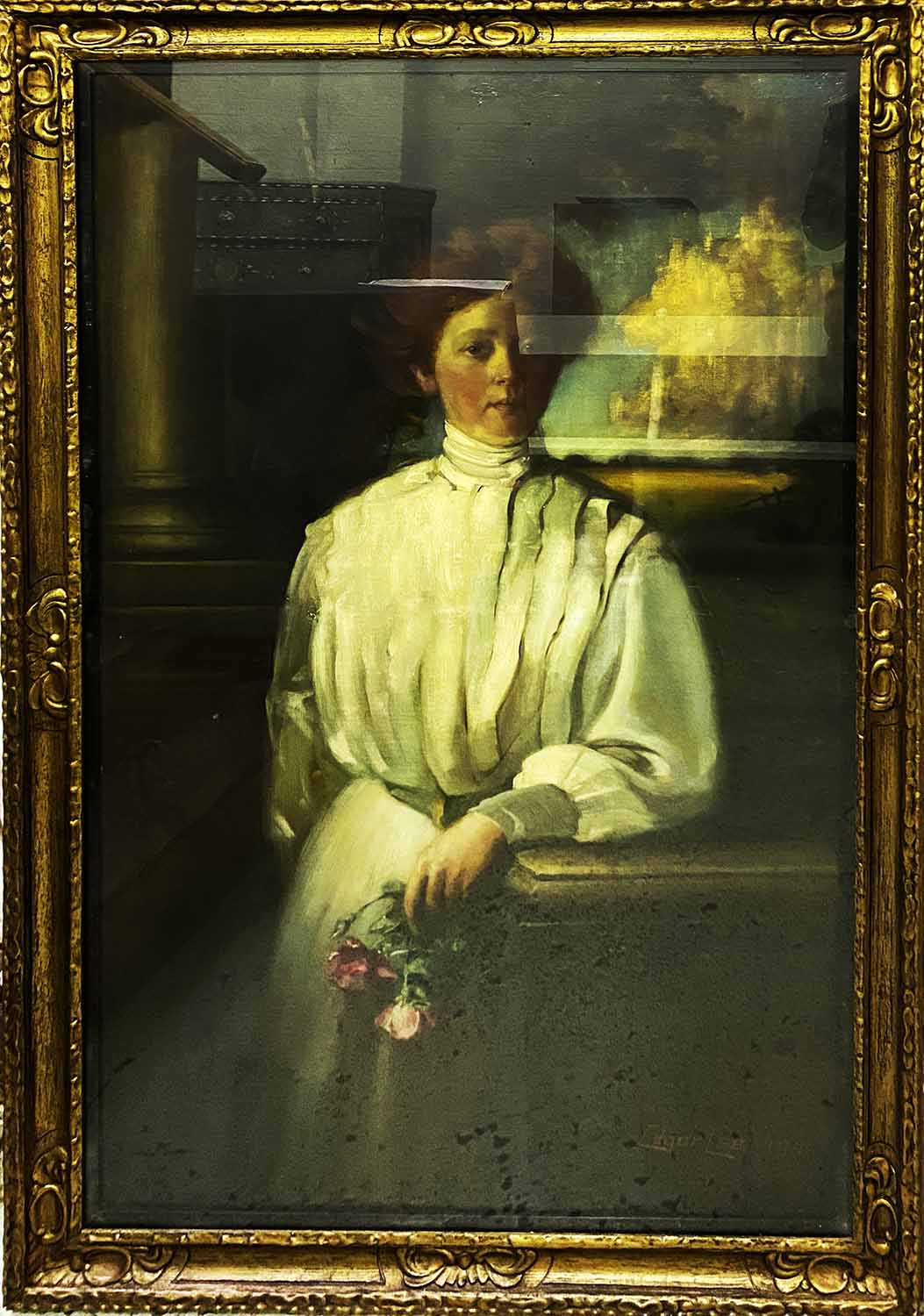 EDGAR LEE 'A Lady in a White Dress Holding Roses', 1910, oil on canvas, signed and dated,